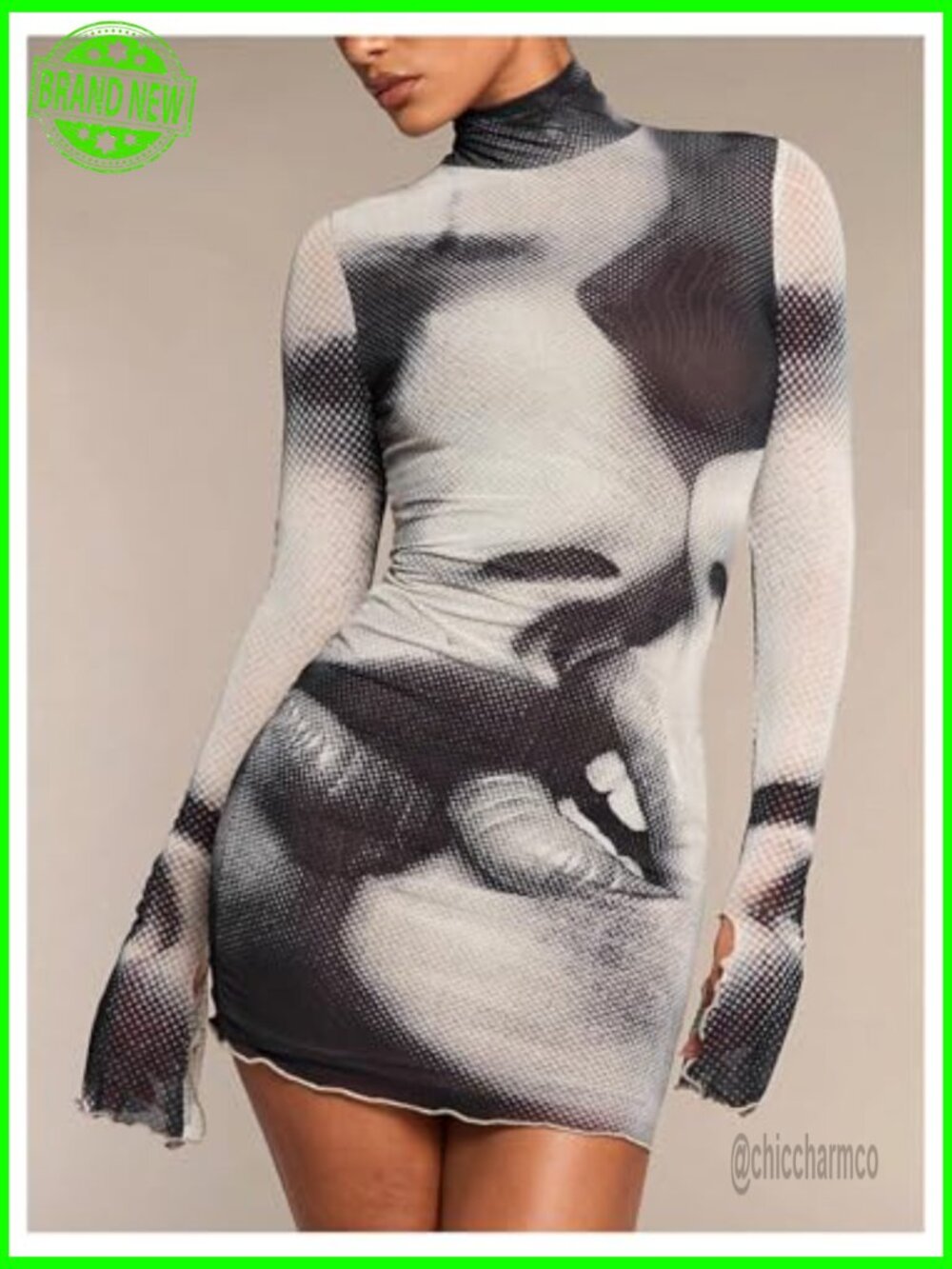 Graphic Print Bodycon Mini Dress Long Sleeve Turtleneck Pencil Dress - Picture 4 of 6